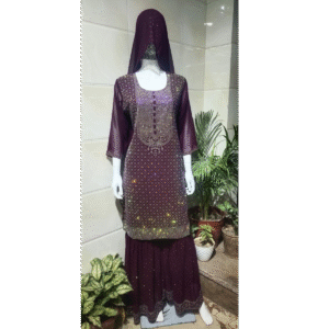 Plum Mirror Embellished Sharara Set