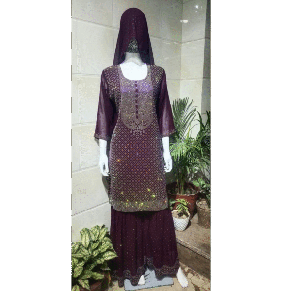Plum Mirror Embellished Sharara Set
